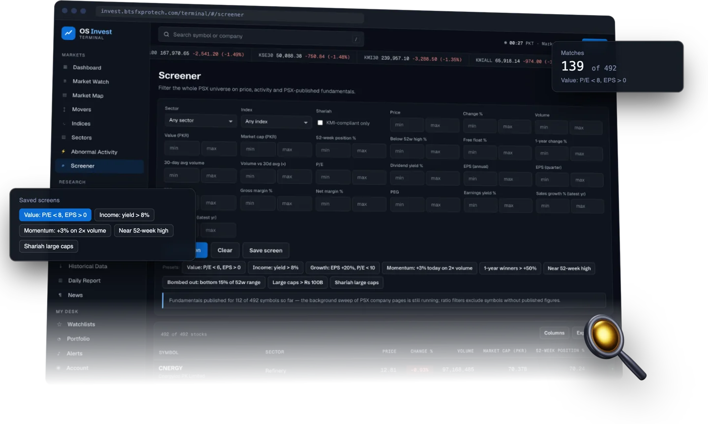 Screener with filter fields, saved screens and the number of matches